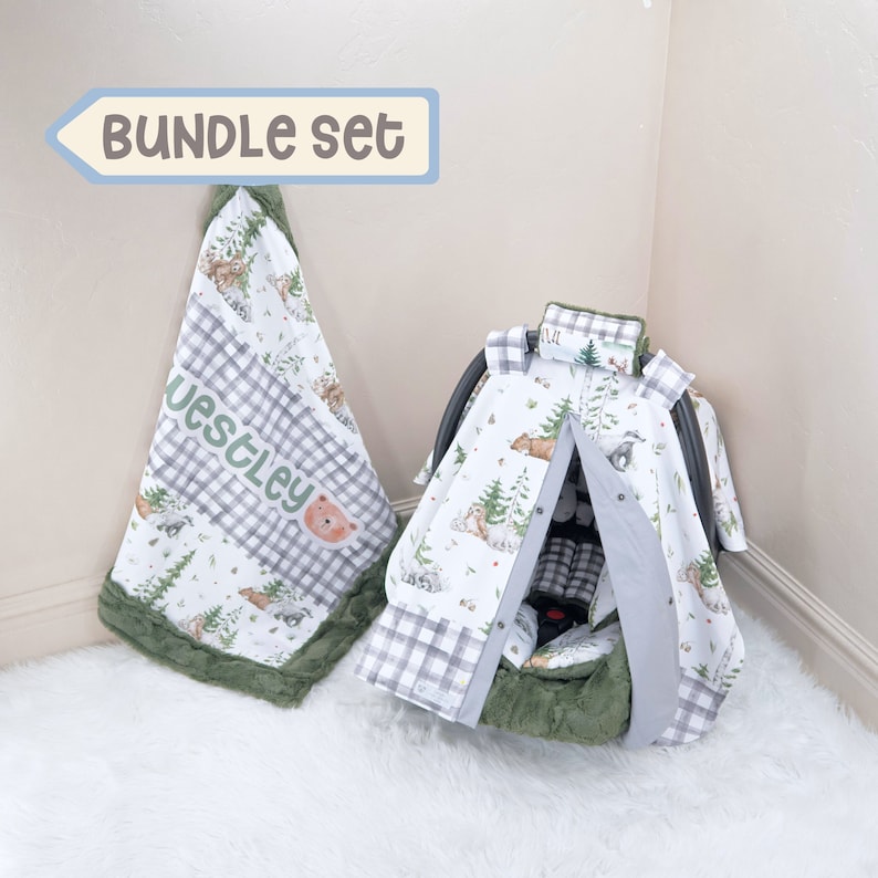 Cute Woodland Animals Baby Boy Car Seat Accessories Bundle Set