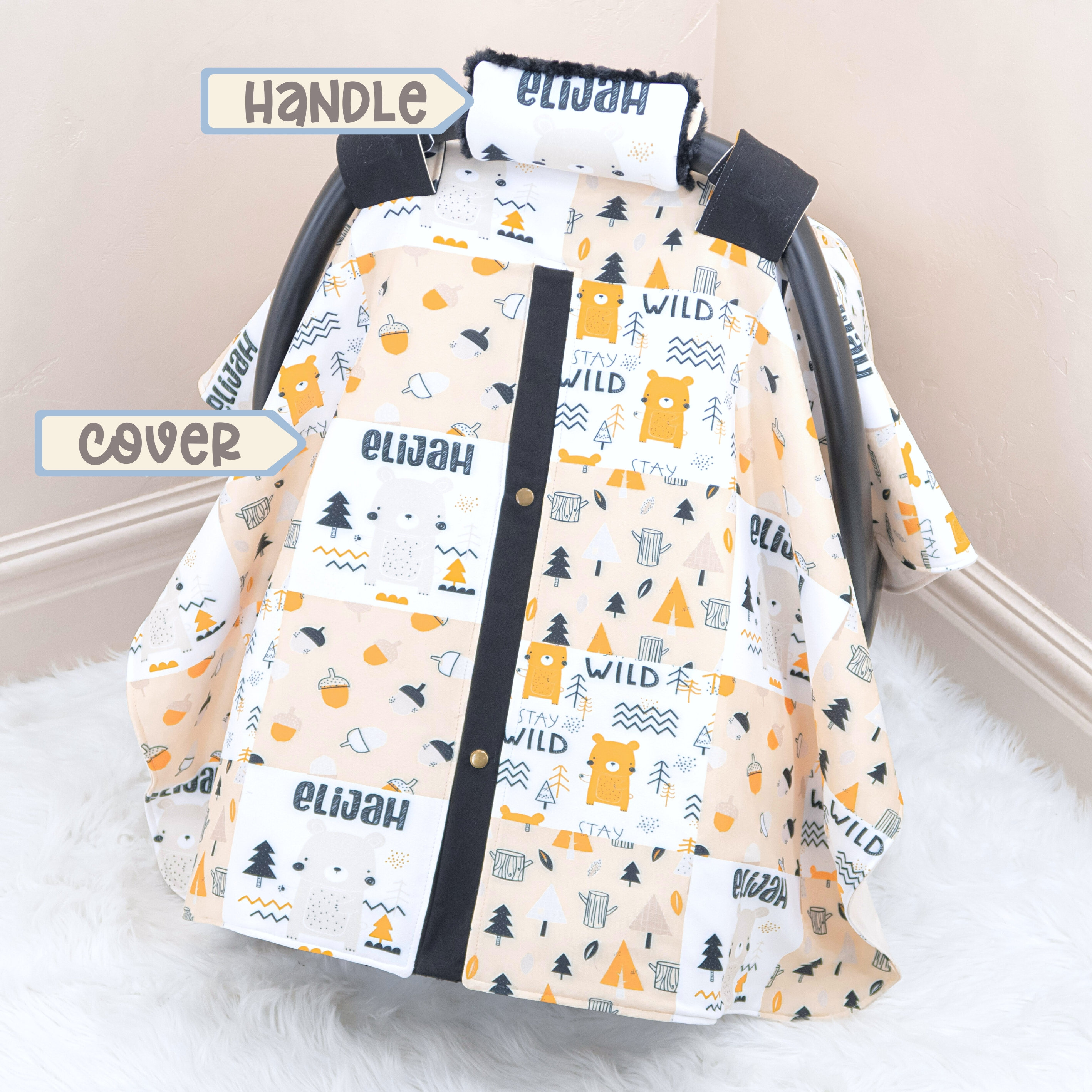 Stay Wild Woodland Baby Boy Car Seat Cover Canopy Personalized Printed