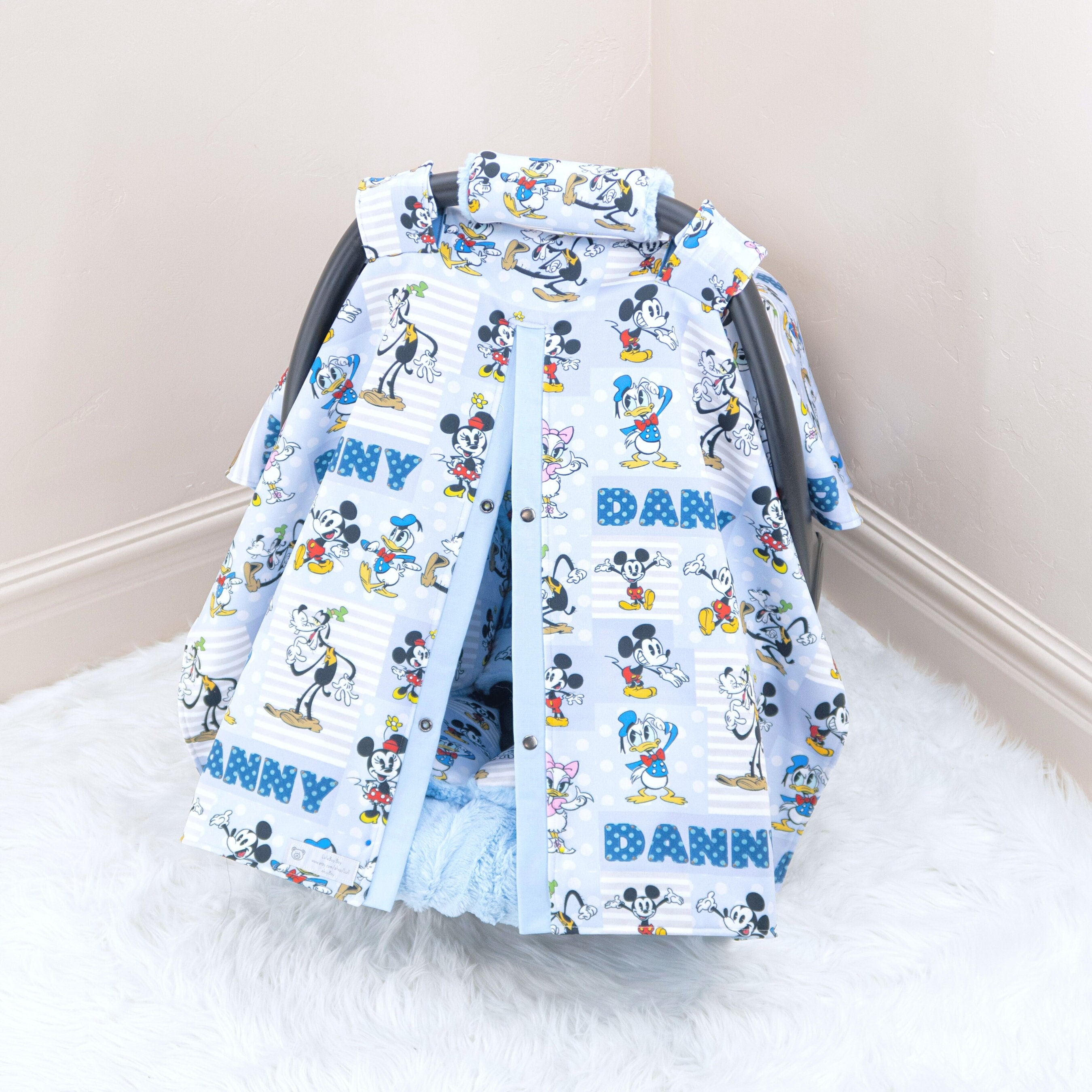 Mickey Mouse & Friends Baby Boy Car Seat Cover Canopy - Personalized Printed Name - Gift for Newborn Infant - Solid Baby Blue