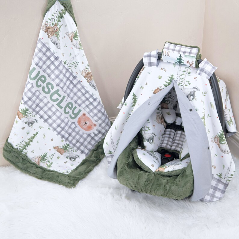 Cute Woodland Animals Baby Boy Car Seat Accessories Bundle Set