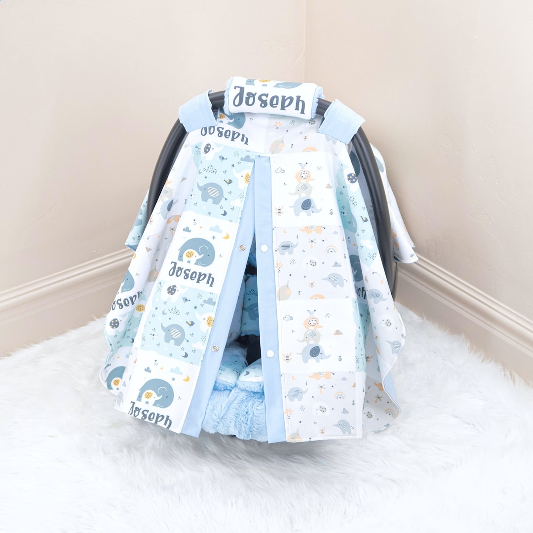 Baby Blue Elephants Baby Boy Car Seat Cover Canopy Personalized Printed Name Gift for Newborn