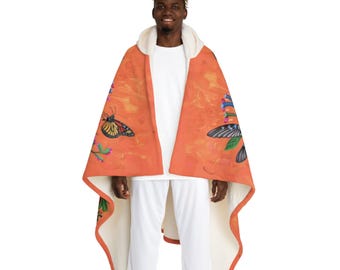 Coperta con cappuccio in pile sherpa con stampa floreale arancione e farfalle