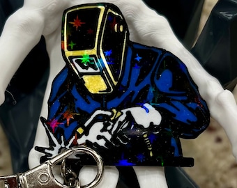 Llavero de soldador MIG impreso en 3D: azul con detalles en negro y dorado. Regalo personalizado.