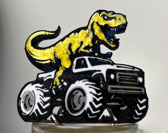 Llavero personalizado de camión monstruo T-Rex (negro, dorado y blanco) - Regalo impreso en 3D