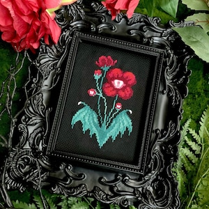 Reißzahn Blume Kreuzstich Stickmuster PDF, Vampir Fledermaus Floral Stickerei Halloween Dekor, Dark Academia Botanical