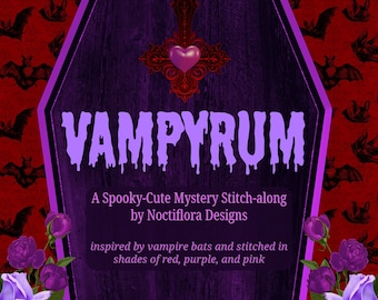 Vampyrum Stitch-along Cross Stitch Pattern, Digital Download pdf SAL, Pastel Goth Vampire Bats, Halloween Embroidery, Faux Scientific