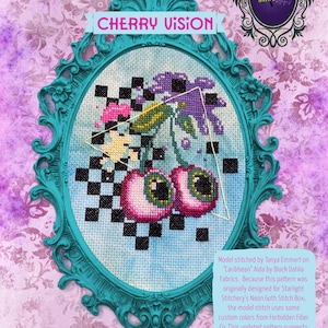 Cherry Vision Cross Stitch Pattern, Digital PDF printable, Neon Goth, Vaporwave, Spooky Plants, Fantasy Floral Embroidery