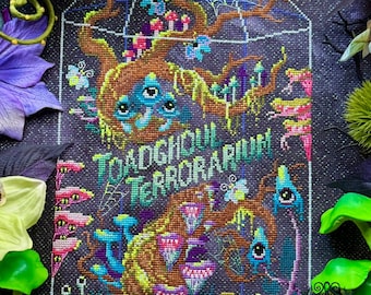 Toadghoul Terrorarium Cross Stitch Pattern, Monster Mushroom Neon Goth (Digital Download PDF Completed SAL)