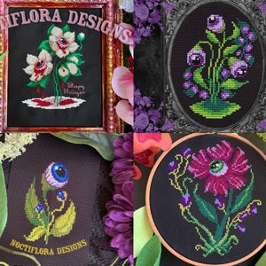 Creepy Floral Cross Stitch Pattern pdf Bundle, Gothic Embroidery Design, Poison Garden, Dark Enchanted Forest, Green Witch Decor, Goth Gift