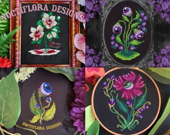 Creepy Floral Cross Stitch Pattern pdf Bundle, Gothic Embroidery Design, Poison Garden, Dark Enchanted Forest, Green Witch Decor, Goth Gift