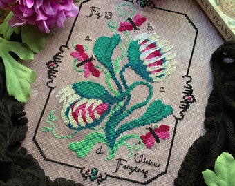 Vicious Fangtrap Cross Stitch PDF Pattern, Dark Academia Botanical Embroidery, Creepy Carnivorous Plant, Spooky Venus Flytrap Garden