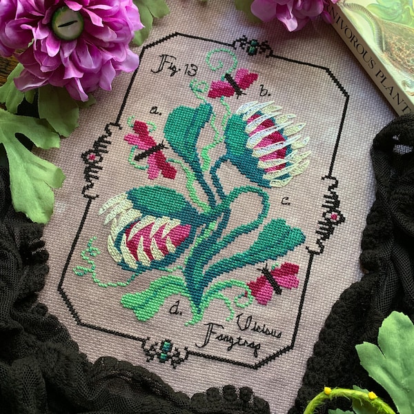 Vicious Fangtrap Cross Stitch PDF Pattern, Dark Academia Botanical Embroidery, Creepy Carnivorous Plant, Spooky Venus Flytrap Garden