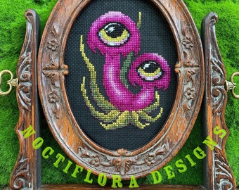 dark cottagecore mushroom cross stitch pattern,  gothic embroidery design, carnivorous plants, poisonous garden, evil forest, witchy gift