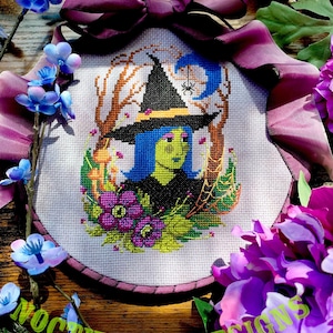 Witchy Halloween Cross Stitch Pattern Downloadable pdf, Spooky Cottagecore Embroidery Design, Magical Forest Witch Decor, Witchy Gift