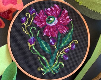 eyeball flower cross stitch pdf pattern, gothic embroidery design, creepy botanical, witch’s garden, dark forest, haunted floral, goth gift