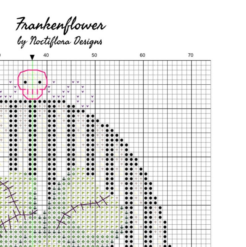May include: Cross stitch pattern for a spooky flower with a skull face. The pattern is in black and white with green, yellow, and purple accents. The pattern is called "Frankenflower" by "Noctiflora Designs".