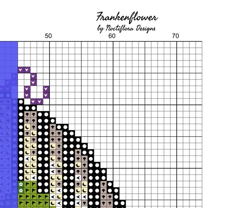 May include: Cross stitch pattern chart for a Frankenflower design. The chart is black and white with colored symbols representing different colors of thread. The chart includes a key with the colors and symbols. The chart is titled "Frankenflower by Noctiflora Designs".