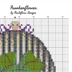 May include: Cross stitch pattern for a green, black, and white Frankenstein-themed flower with the text "Frankenflower by Noctiflora Designs".