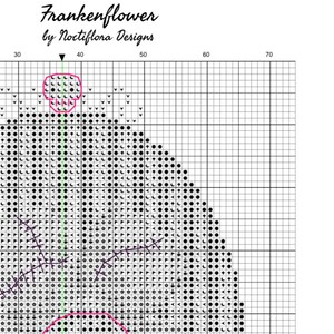 May include: Black and white cross stitch pattern of a flower with a skull in the center. The pattern is on a grid with numbers along the top and side. The title "Frankenflower by Noctiflora Designs" is at the top of the pattern.