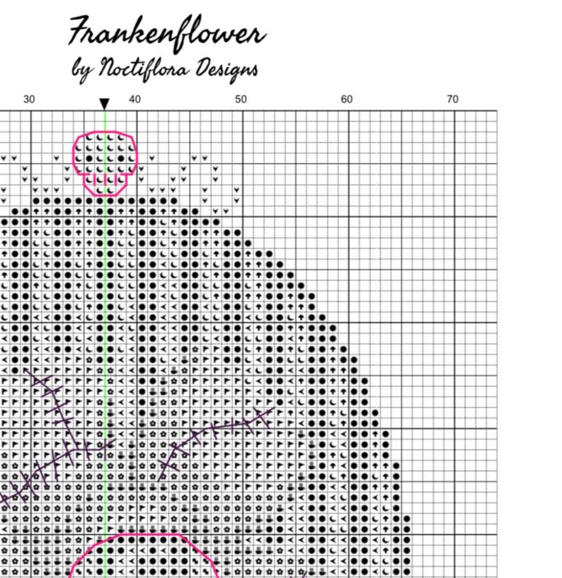 May include: Black and white cross stitch pattern of a flower with a skull in the center. The pattern is on a grid with numbers along the top and side. The title "Frankenflower by Noctiflora Designs" is at the top of the pattern.