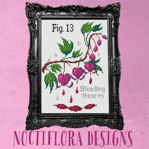 Bleeding Hearts Valloween Cross Stitch PDF Pattern, Pastel Goth Valentine, Creepy Cute Embroidery, Spooky Botanical, Poisonous Plant Garden image 2