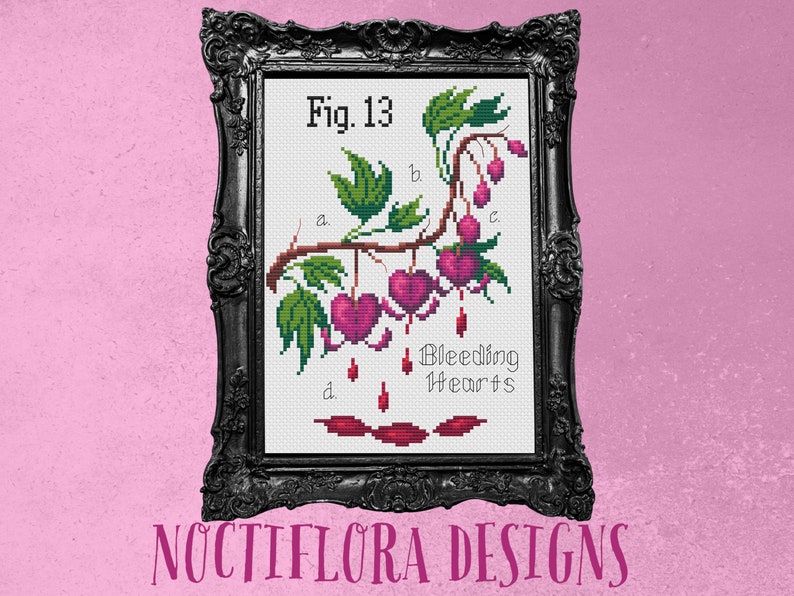 Bleeding Hearts Valloween Cross Stitch PDF Pattern, Pastel Goth Valentine, Creepy Cute Embroidery, Spooky Botanical, Poisonous Plant Garden image 2
