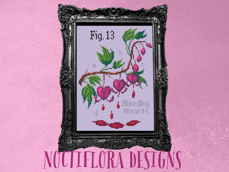 Bleeding Hearts Valloween Cross Stitch PDF Pattern, Pastel Goth Valentine, Creepy Cute Embroidery, Spooky Botanical, Poisonous Plant Garden image 4