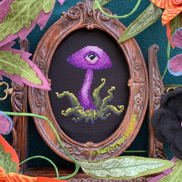 cottagecore mushroom cross stitch pdf pattern, gothic embroidery design, creepy botanical, witch’s garden, dark forest, goth gift