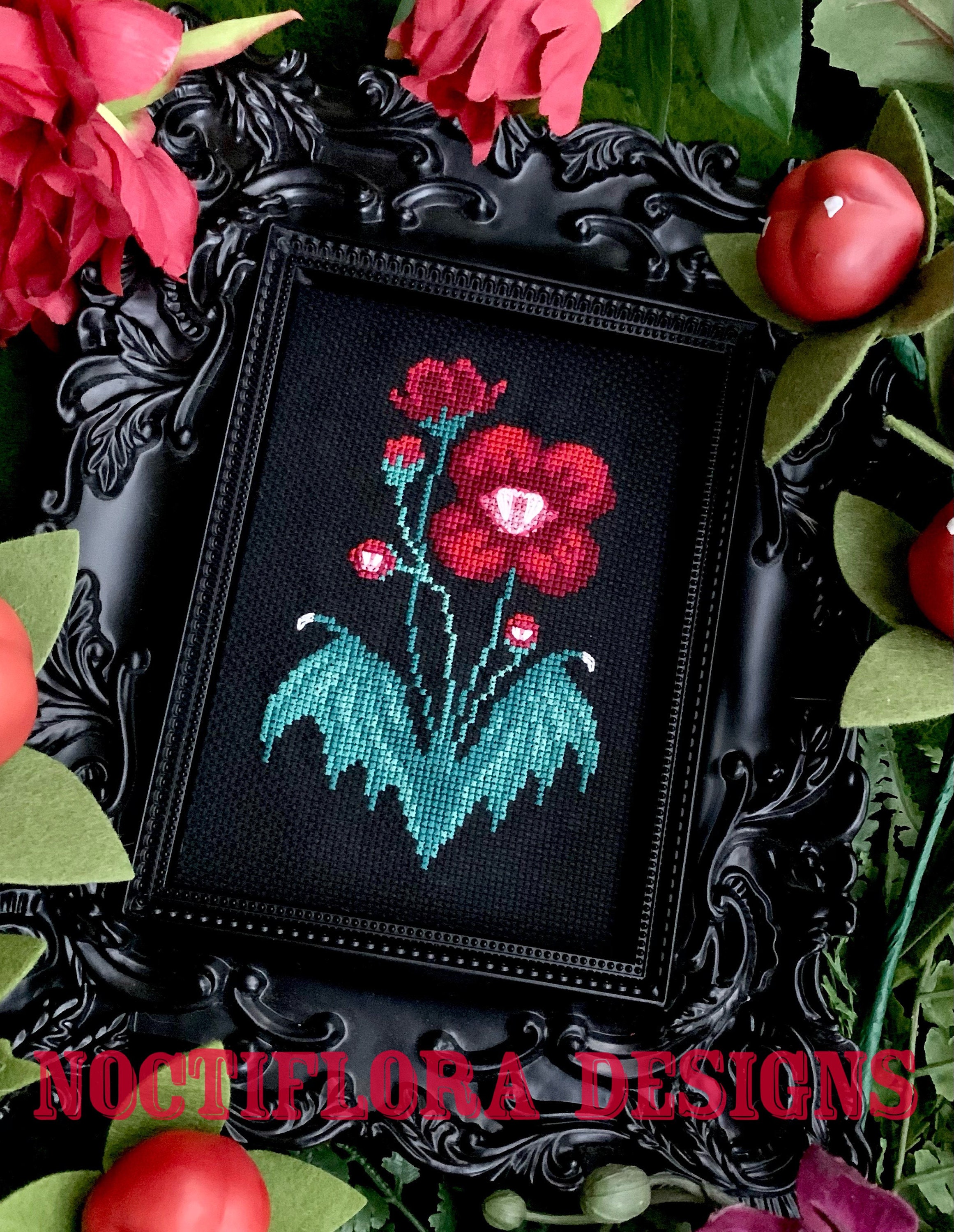 Fanged Flower Cross Stitch Pattern PDF, Vampire Bat Floral Embroidery ...