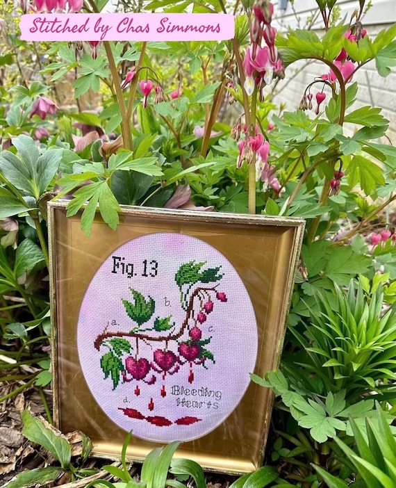Bleeding Hearts Valloween Cross Stitch PDF Pattern, Pastel Goth Valentine, Creepy Cute Embroidery, Spooky Botanical, Poisonous Plant Garden