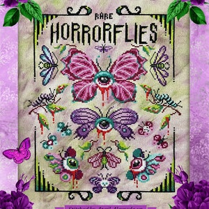 Rare Horrorflies Cross Stitch Stitch-along Complete Pattern, Digital Download SAL, Pastel Goth Butterfly, Spooky Moth, Vintage Botanical