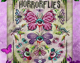 Rare Horrorflies Cross Stitch Stitch-along Complete Pattern, Digital Download SAL, Pastel Goth Butterfly, Spooky Moth, Vintage Botanical