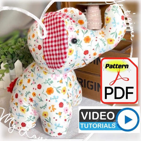 Baby Elephant Plushie Sewing Pattern, PDF & Video Tutorial, Stuffed animal Fabric Pattern, digital download, DIY manual, Fun Project