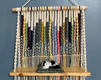Boho Macrame Wall Hanging with Wood Shelf, Cotton Yarn Art