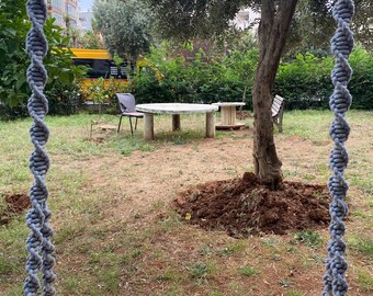 Handmade Wooden Swing with Grey Macrame Rope, Bohemian Decor