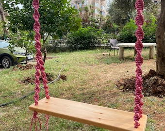 Handmade Wooden Swing with Macrame Cotton Rope, Bohemian Decor