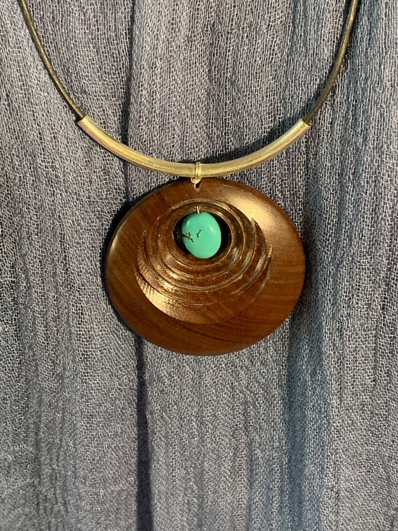 Turquoise Carved Wood Pendant - image 2