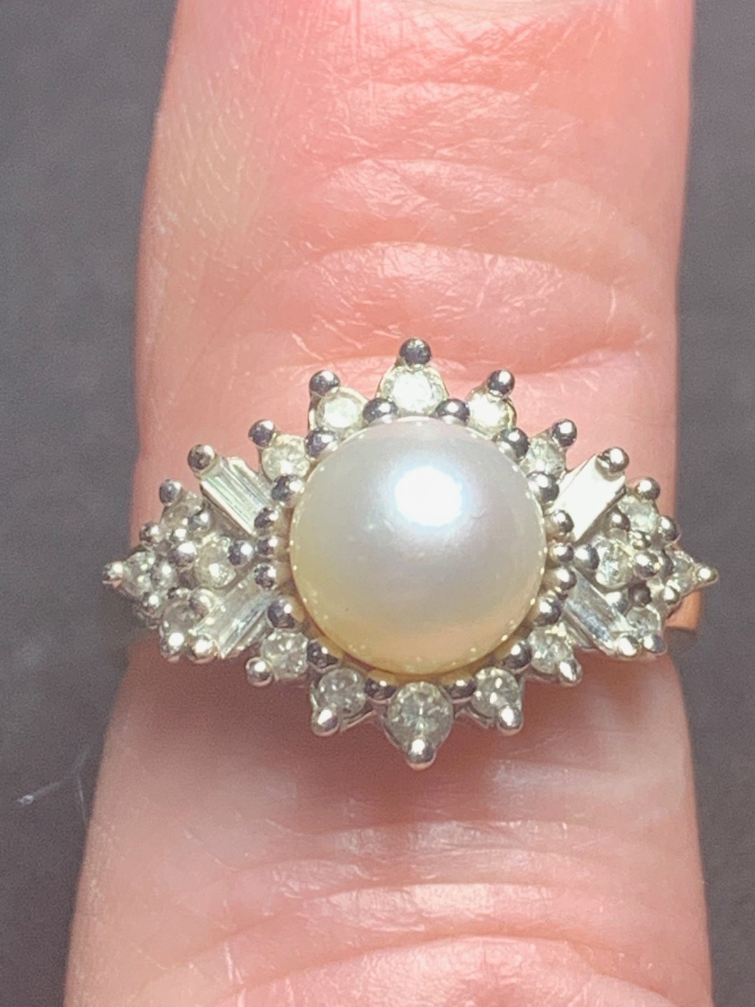 Pearl and Diamond Ring Baguette and Round 14K - Etsy