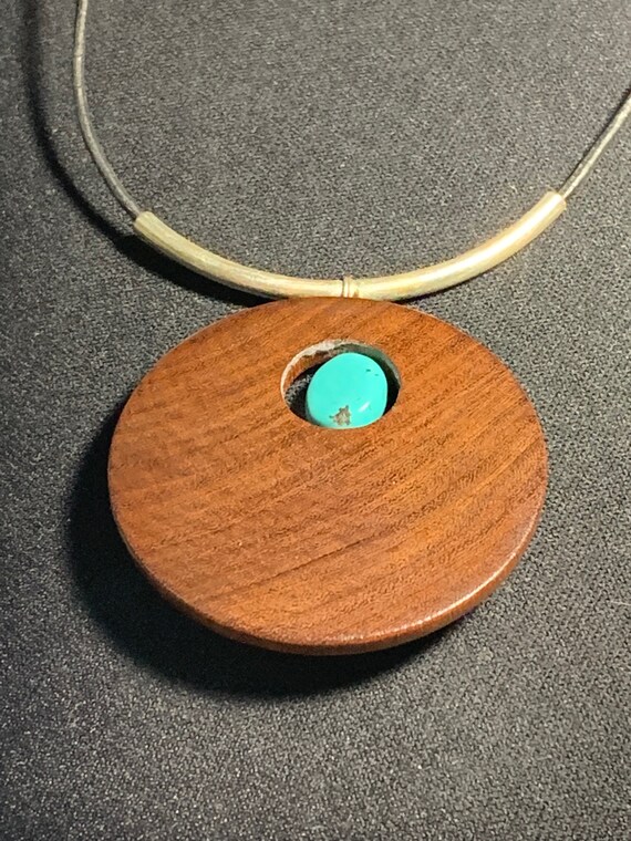 Turquoise Carved Wood Pendant - image 5