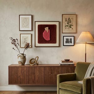 Puede incluir: Una escena de diseño de interiores con arte enmarcado, un mueble de madera, un sillón verde y una alfombra estampada. El arte incluye dibujos lineales abstractos y grabados botánicos. Una lámpara con pantalla plisada proporciona una iluminación cálida.