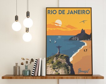 Rio de Janeiro Brazil travel print with sugar loaf mountain, beach and Christ the Redeemer