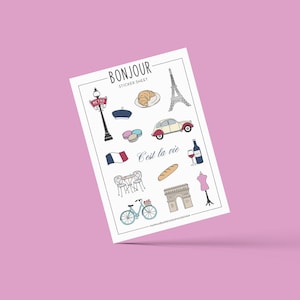 Hoja de pegatinas Bonjour con pegatinas individuales con temática francesa