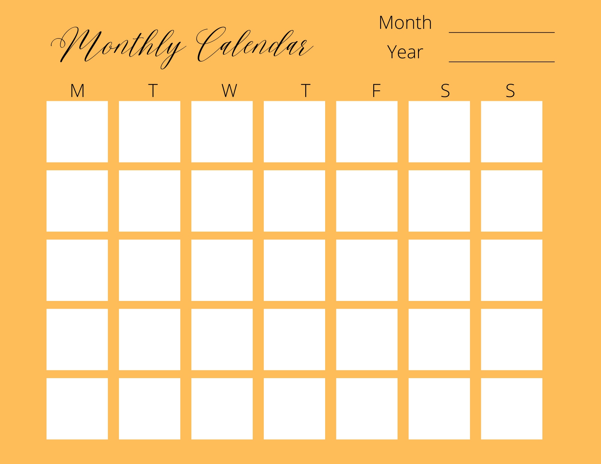 Printable Blank Monthly Calendar - Etsy