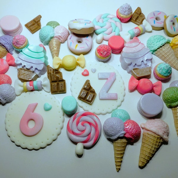 Set of Fondant Candy Toppers/Sugar Toppers/Suckers/Chocolate/ Donuts/Ice Cream/Macaroons/Candy Land Party/Sweets/Chef Party