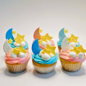 Fondant Moon & Stars Toppers/Starry Night/Twinkle Stars/Baby Shower Cupcakes/Baby Birthday Topper/Over the Moon Toppers/Fondant Toppers