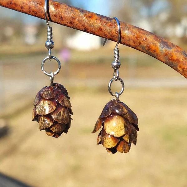 Real pine-cone earrings preserved in resin with a silver plated earring hook. Available in silver or gold.
