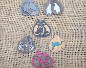 Handmade Bird Earrings, Laser Cut Wood, Custom Color