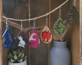 Handmade Alice in Wonderland Earrings, Laser Cut Wood, Custom Color