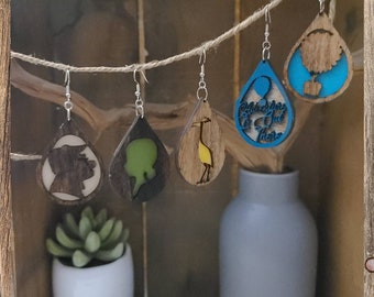 Handmade Up Earrings, Laser Cut Wood, Custom Color