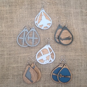 Handmade Aircraft Earrings, Laser Cut Wood, Custom Color